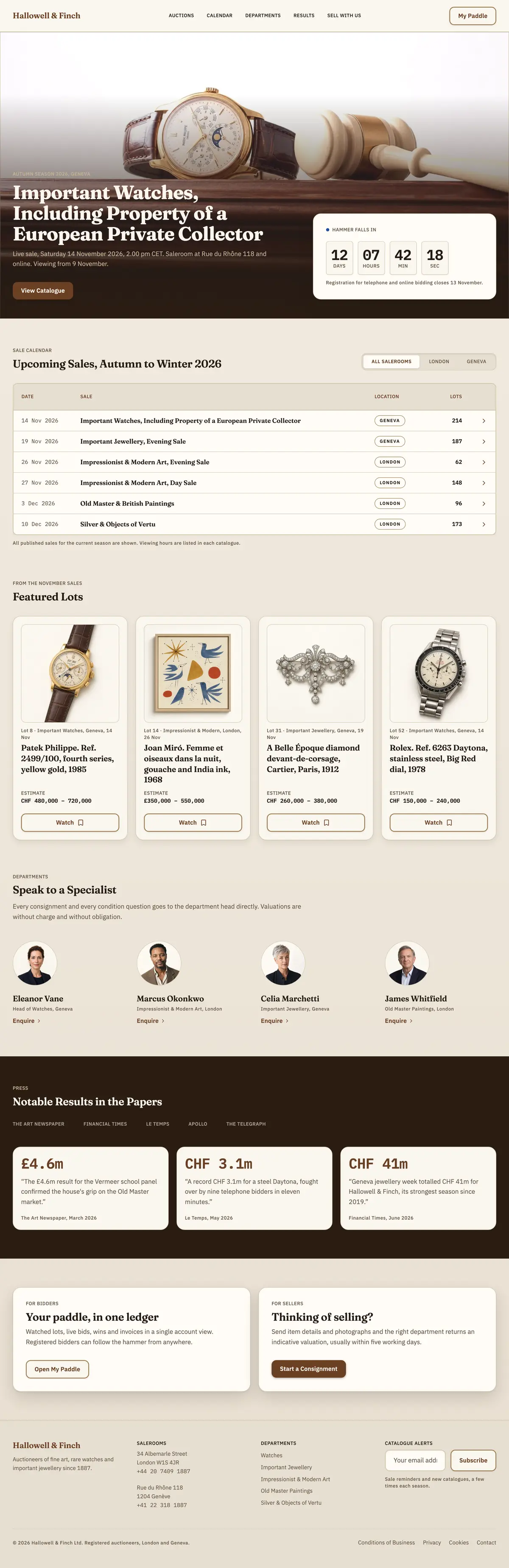 Home page of the demo auction house, with the hero sale, countdown panel, and featured lots