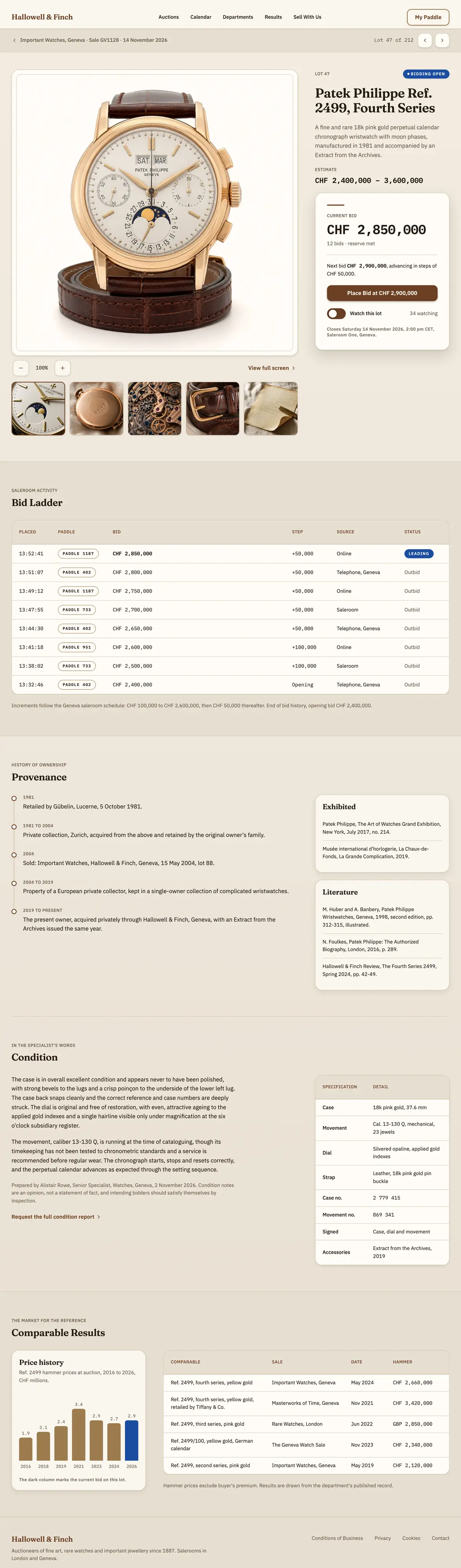 Lot page for a wristwatch, with the image viewer, current bid card, and bid history