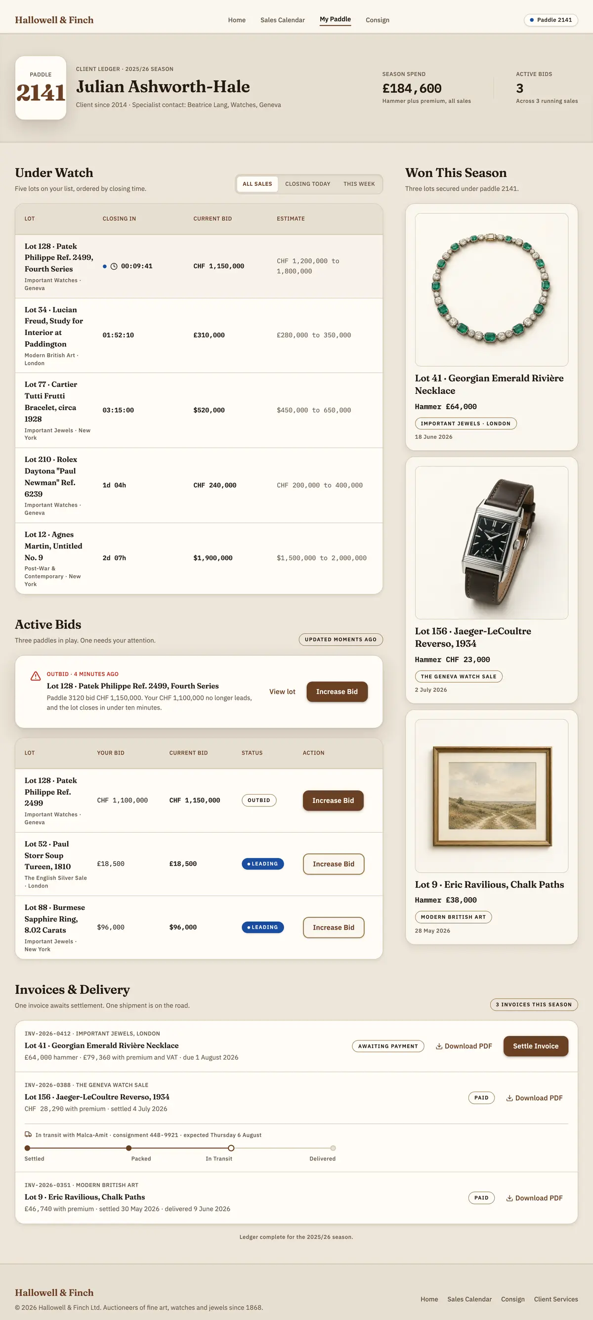 Bidder account page with watched lots, active bids, wins, and invoices