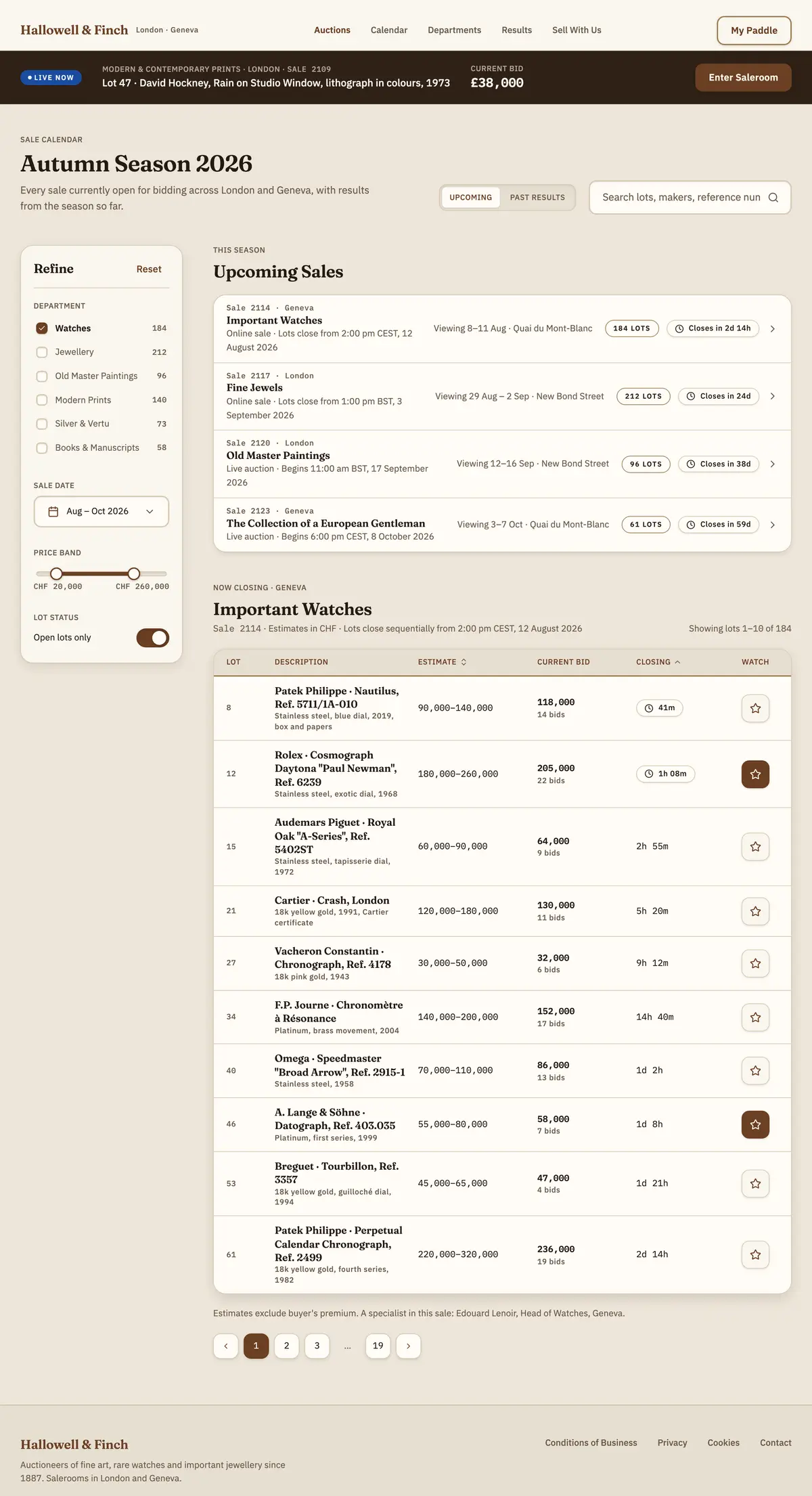 Season calendar with department filters and a table of lots closing soon