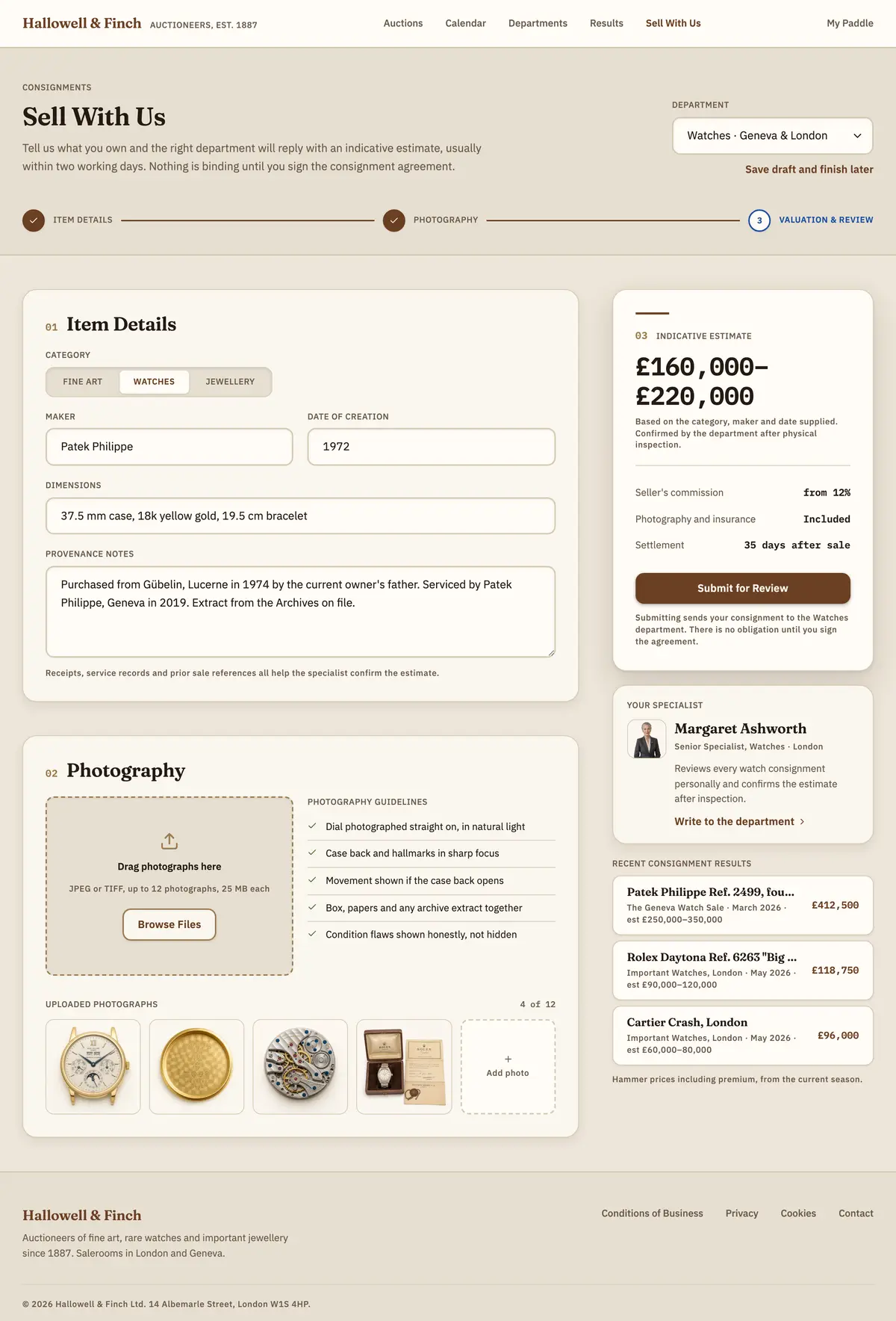 Sell With Us form with item details, photo upload, and an indicative estimate panel