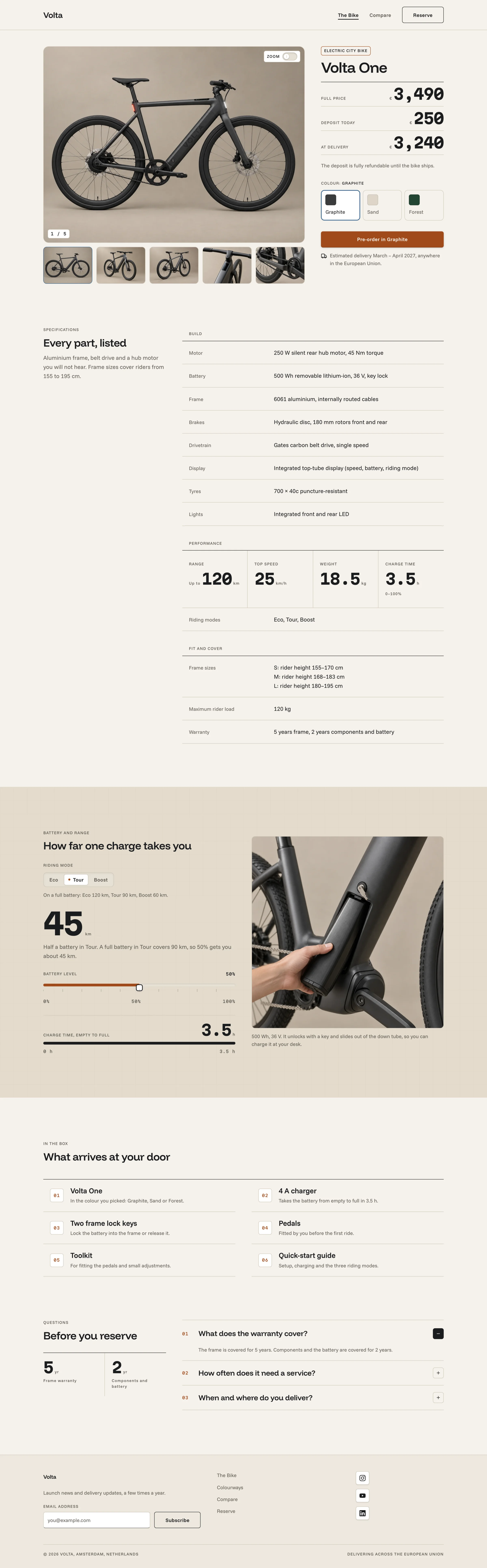 The full Volta bike model page with the photo gallery, specifications and frame geometry