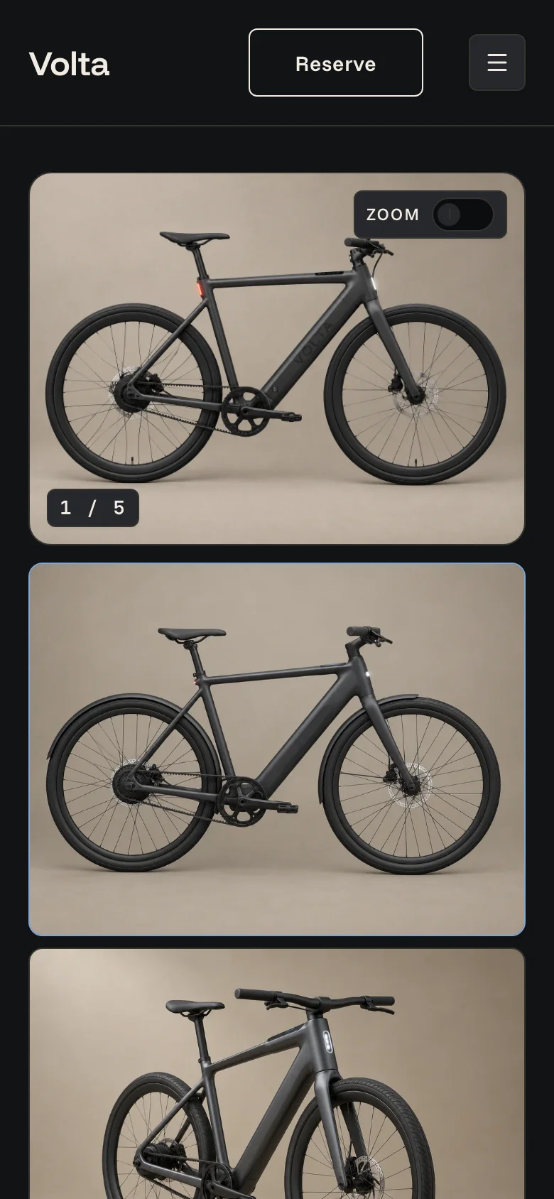 The Volta bike model page on a phone in the Midnight look, near-black with copper accents