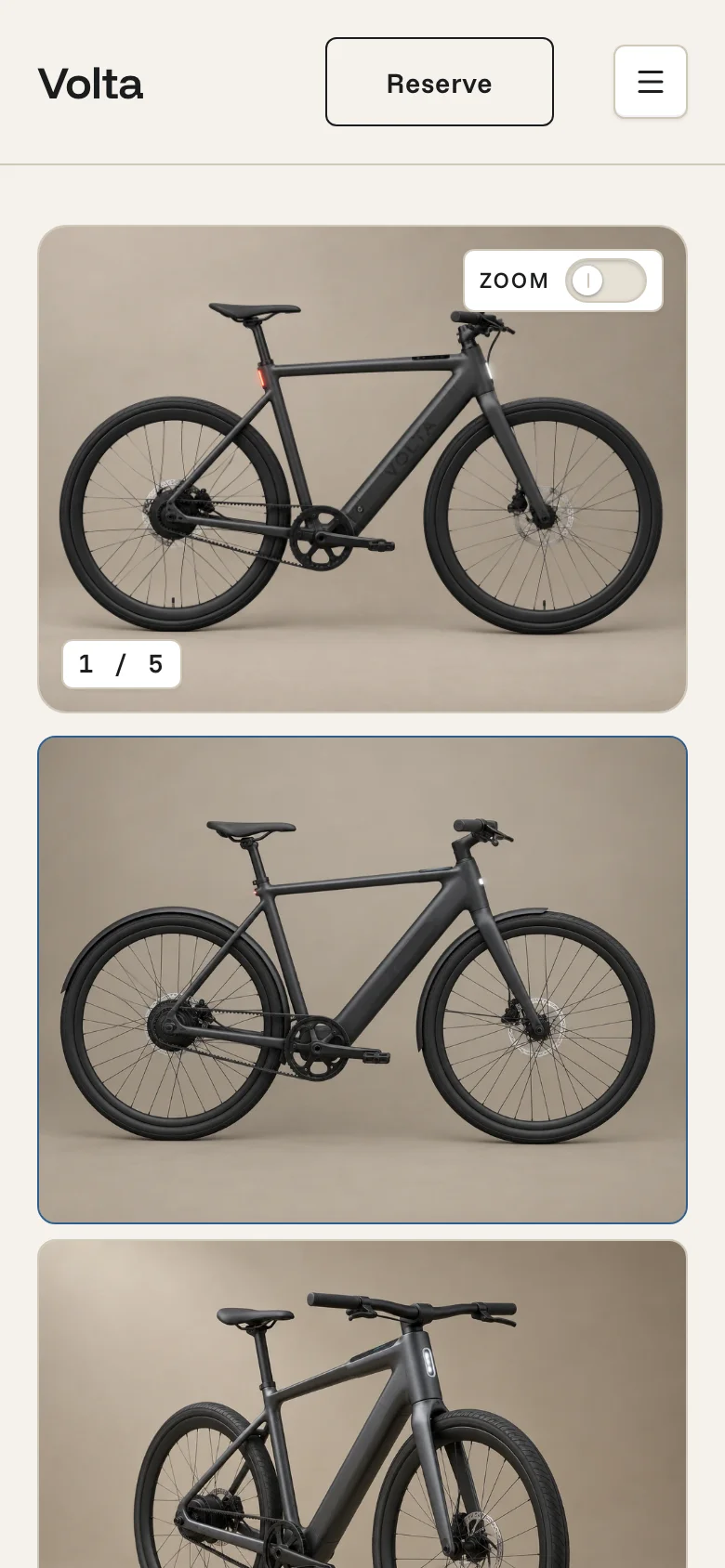 The Volta bike model page on a phone in the Original look, warm off-white