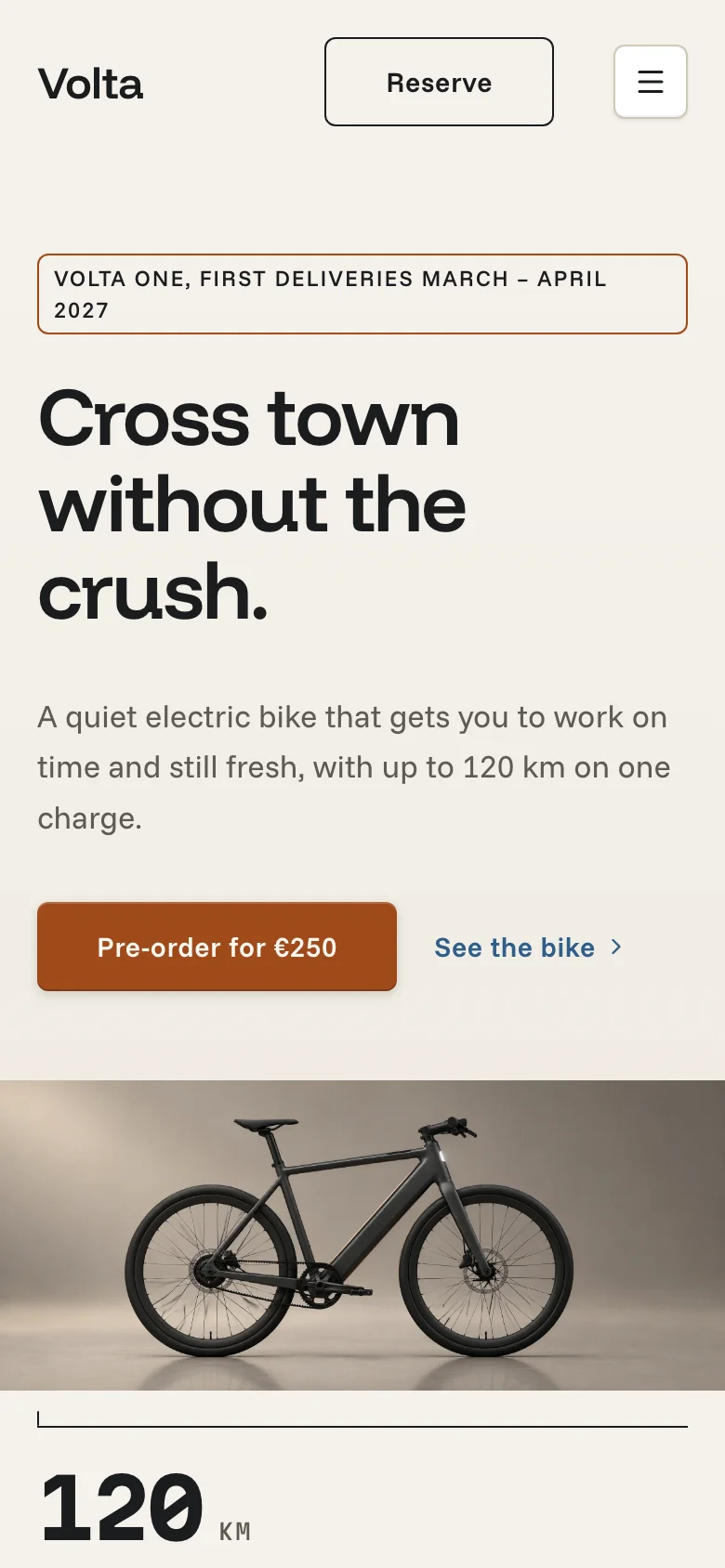 Finished Volta home page with the headline “Cross town without the crush.”, a pre-order button and a studio photo of the bike