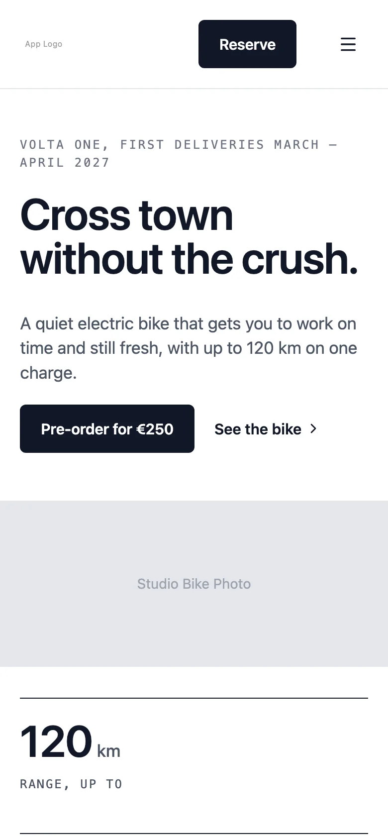 Grayscale wireframe of the Volta home page: navigation, headline, pre-order button and a large bike image