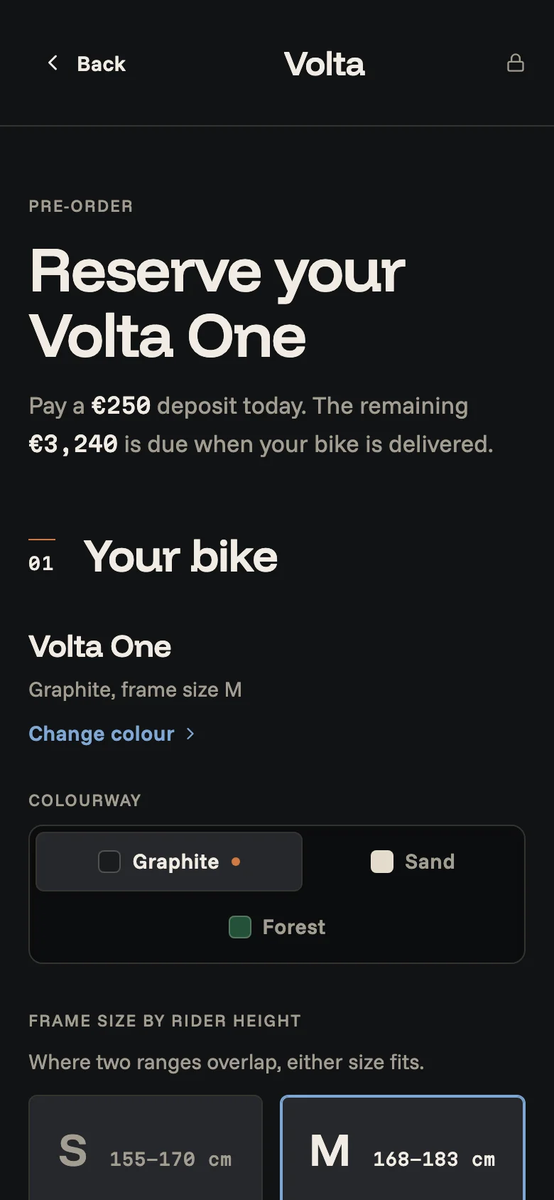 The Volta pre-order page on a phone in the Midnight look, near-black with copper accents