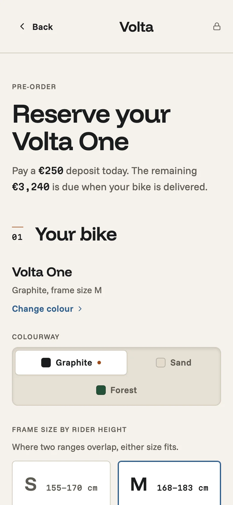 The Volta pre-order page on a phone in the Original look, warm off-white
